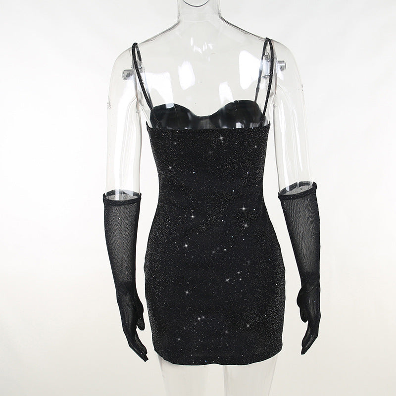 Sequined Black Slit Mini Dress