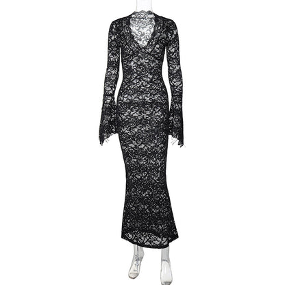 V-Neck Long Sleeve Slim Lace Maxi Dress