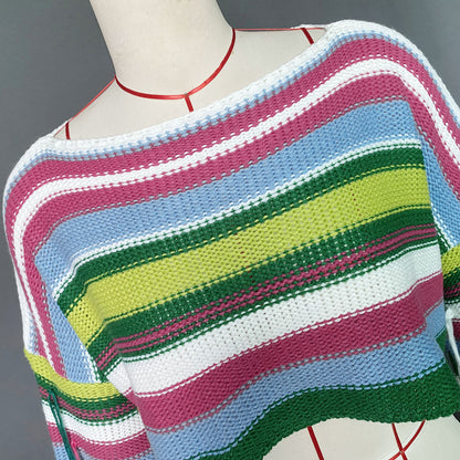 Boho Knit Rainbow Striped Fringe Crop Sweater