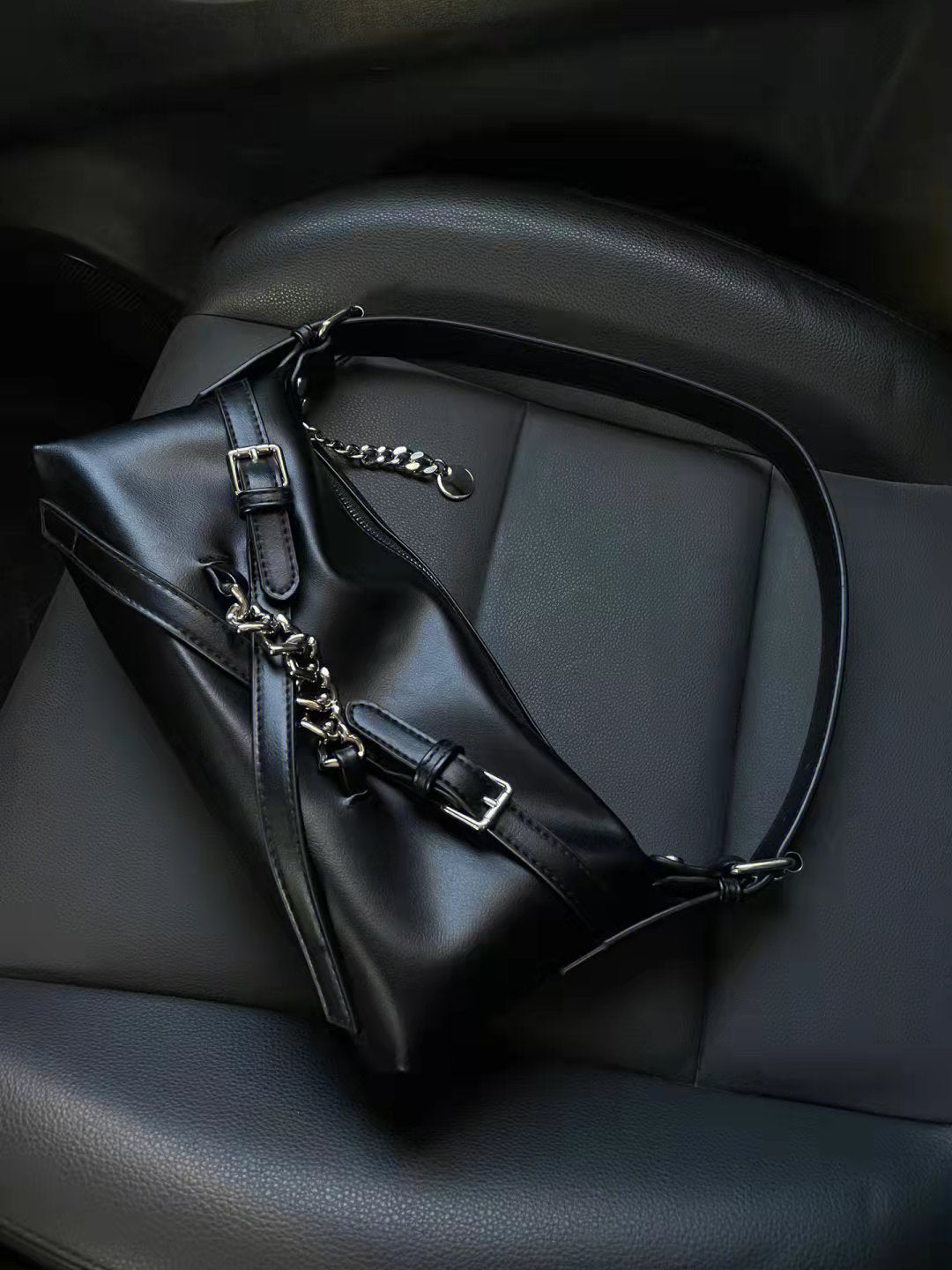 Buckle Chain Detail Faux Leather Shoulder Bag