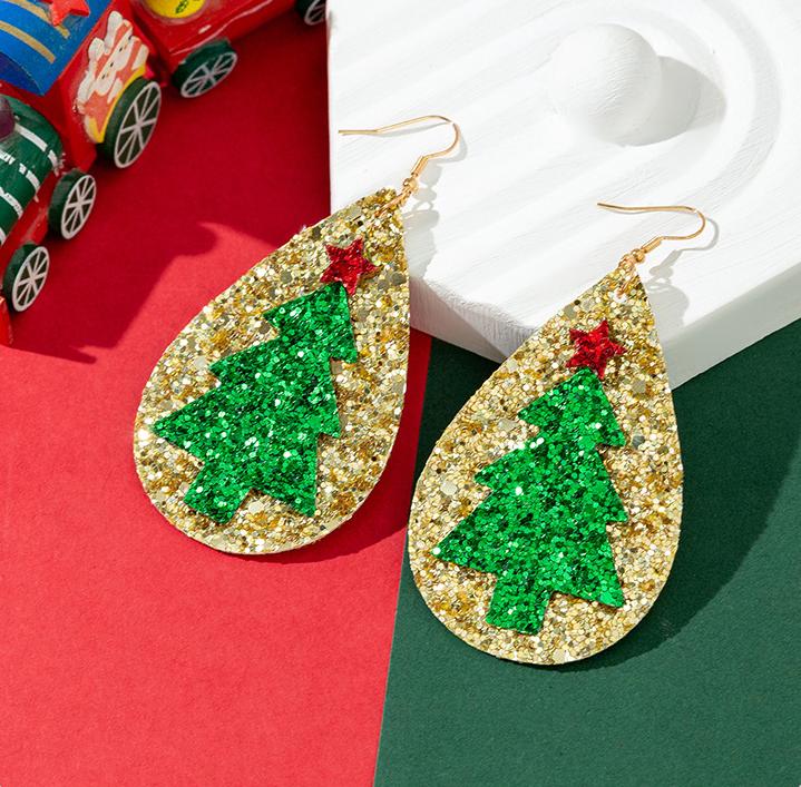 Christmas Tree And Elk Sequin Glitter Leather Stud Earrings