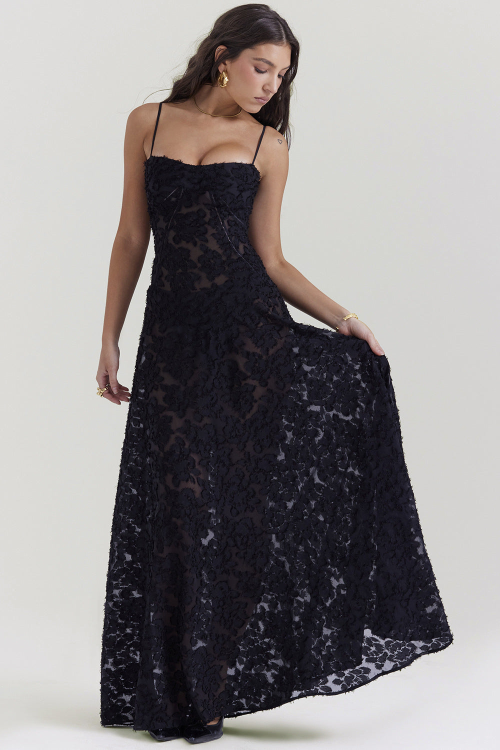 Black Floral Lace Back Maxi Dress