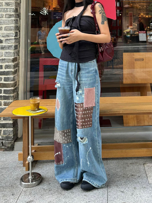 Patch Patchwork Ripped Wide-Leg Jeans