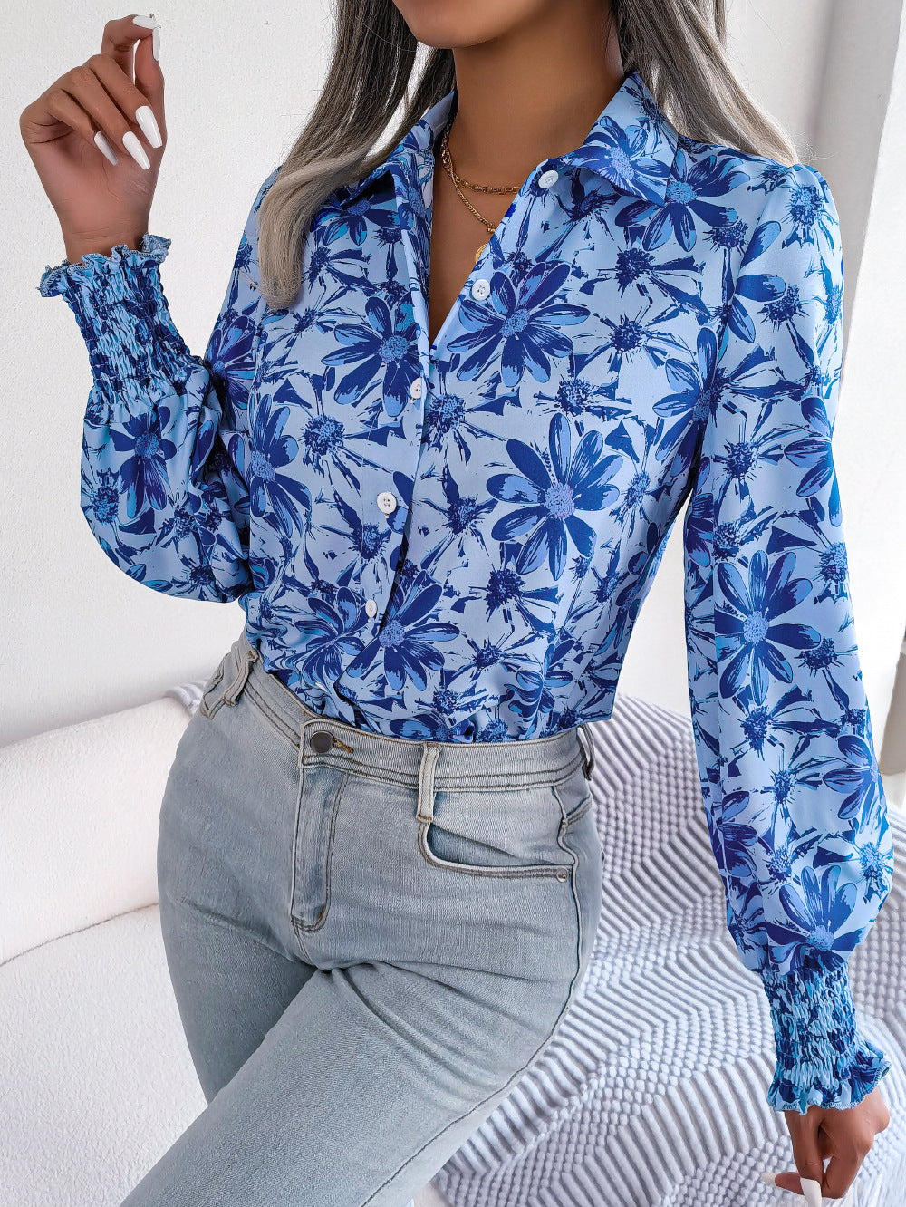 Lantern Sleeve Floral Print Shirt