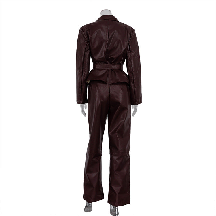 Faux Leather Jacket And Pants Suit