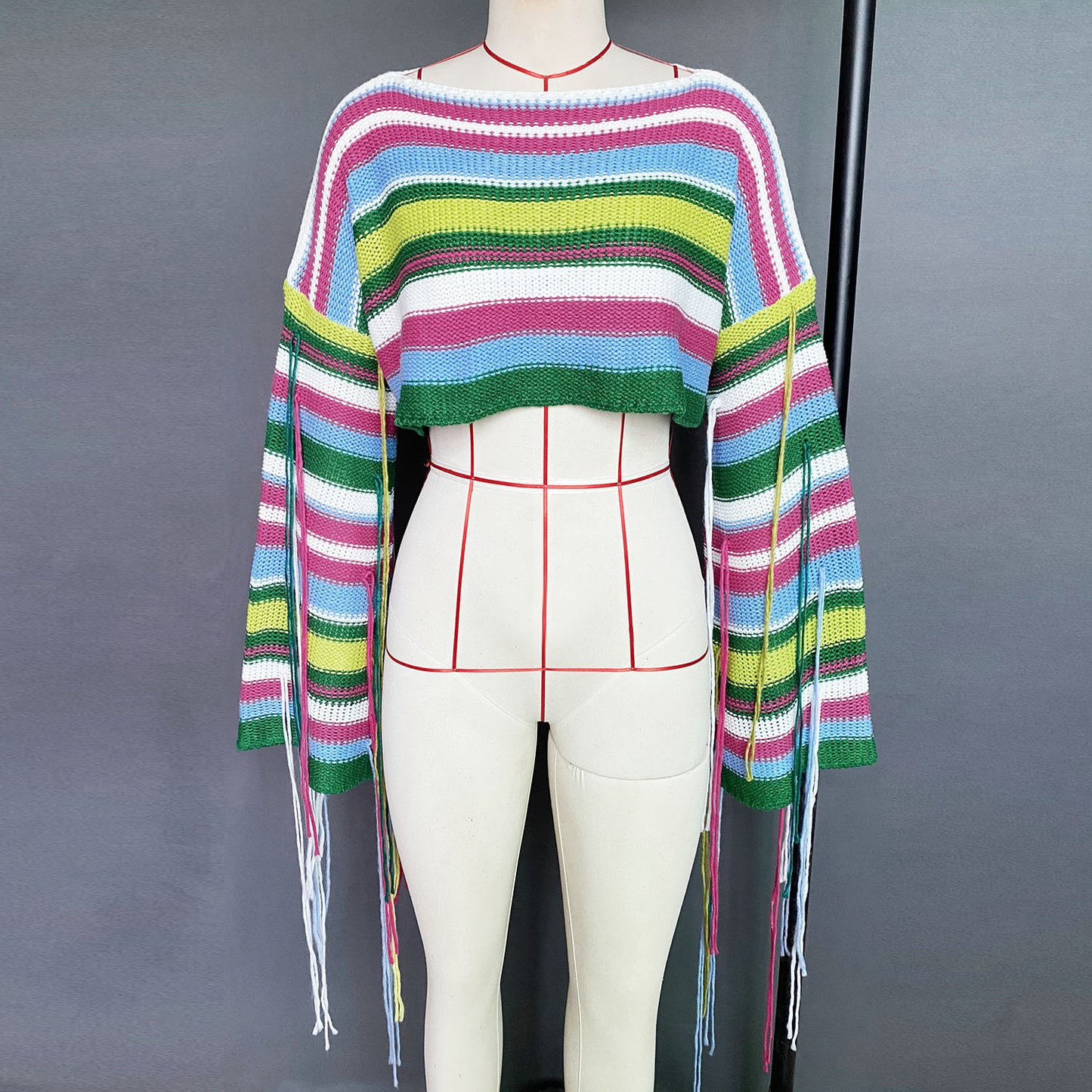 Boho Knit Rainbow Striped Fringe Crop Sweater