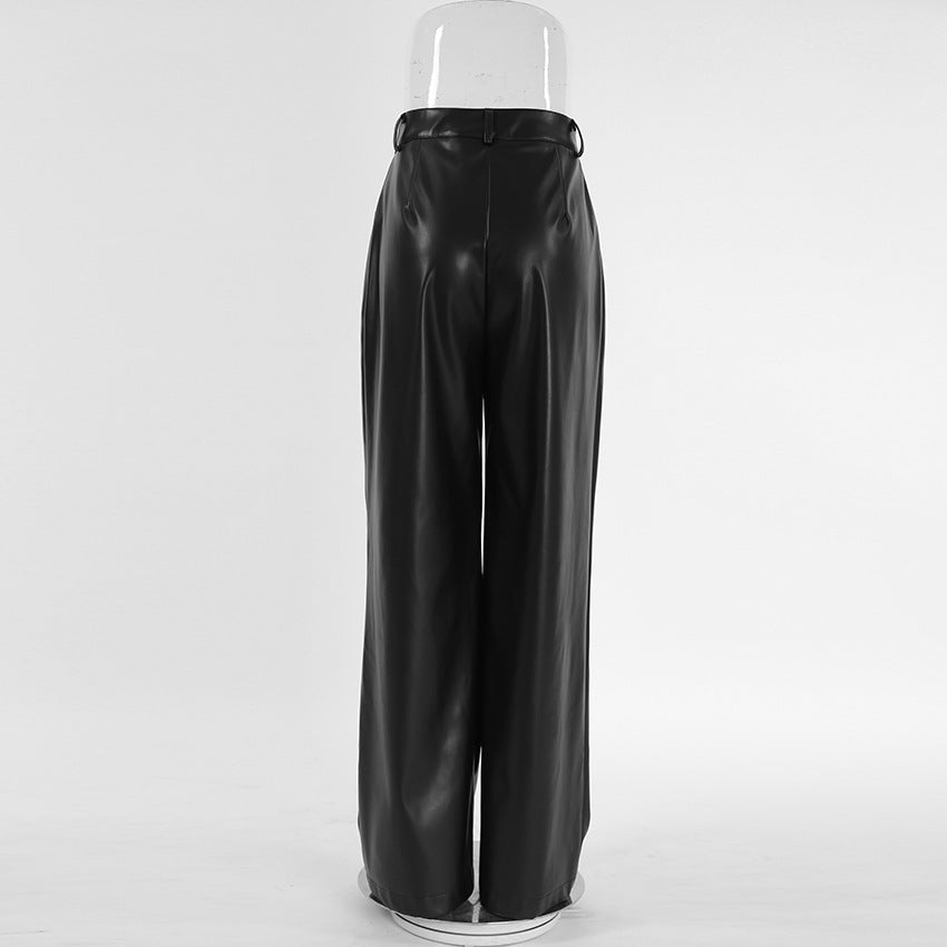 High-Waist Wide-legged Straight-Leg Faux Leather Pant