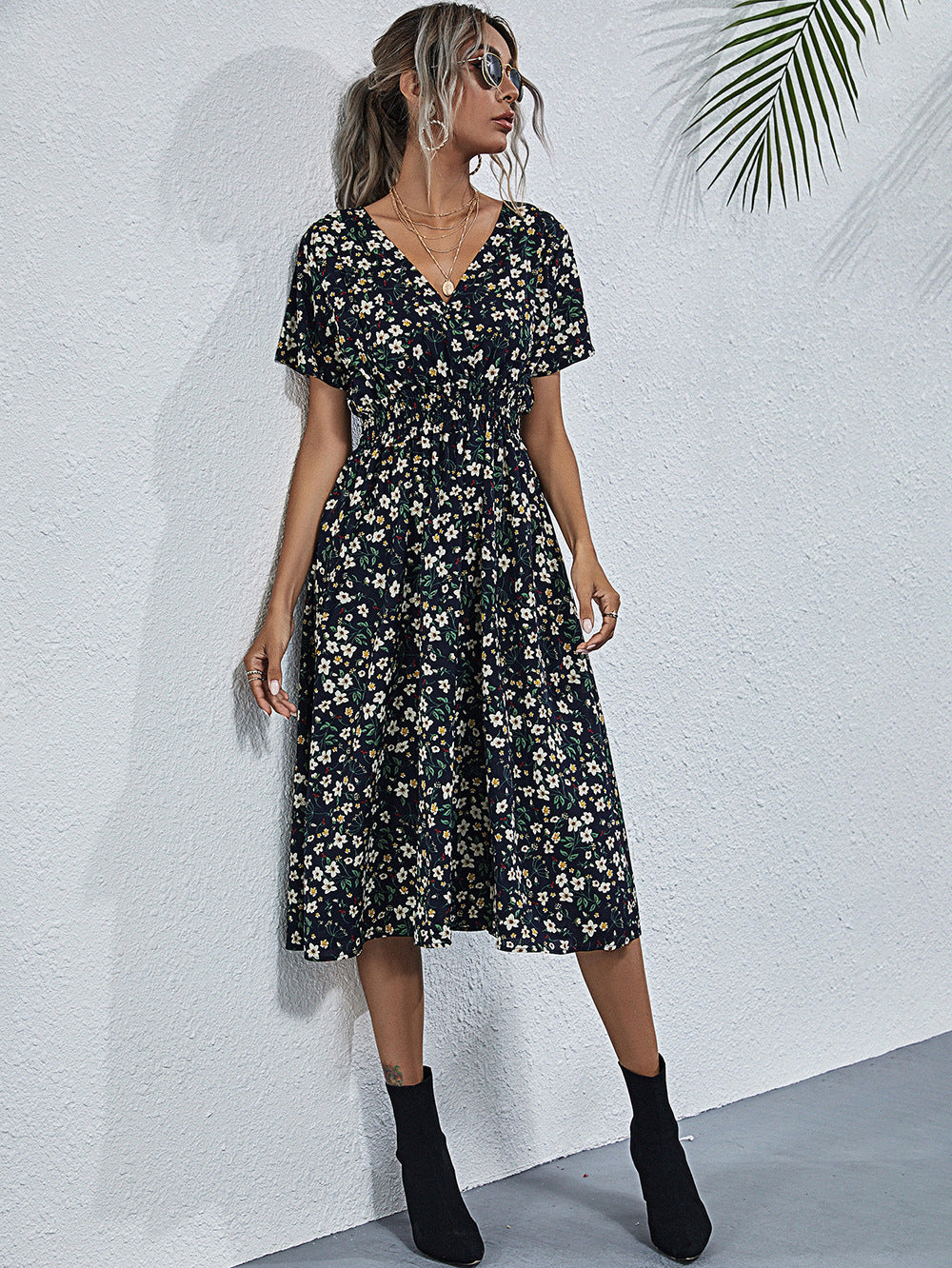 Fashion Casual Small Floral Short-sleeved Midi Dresses