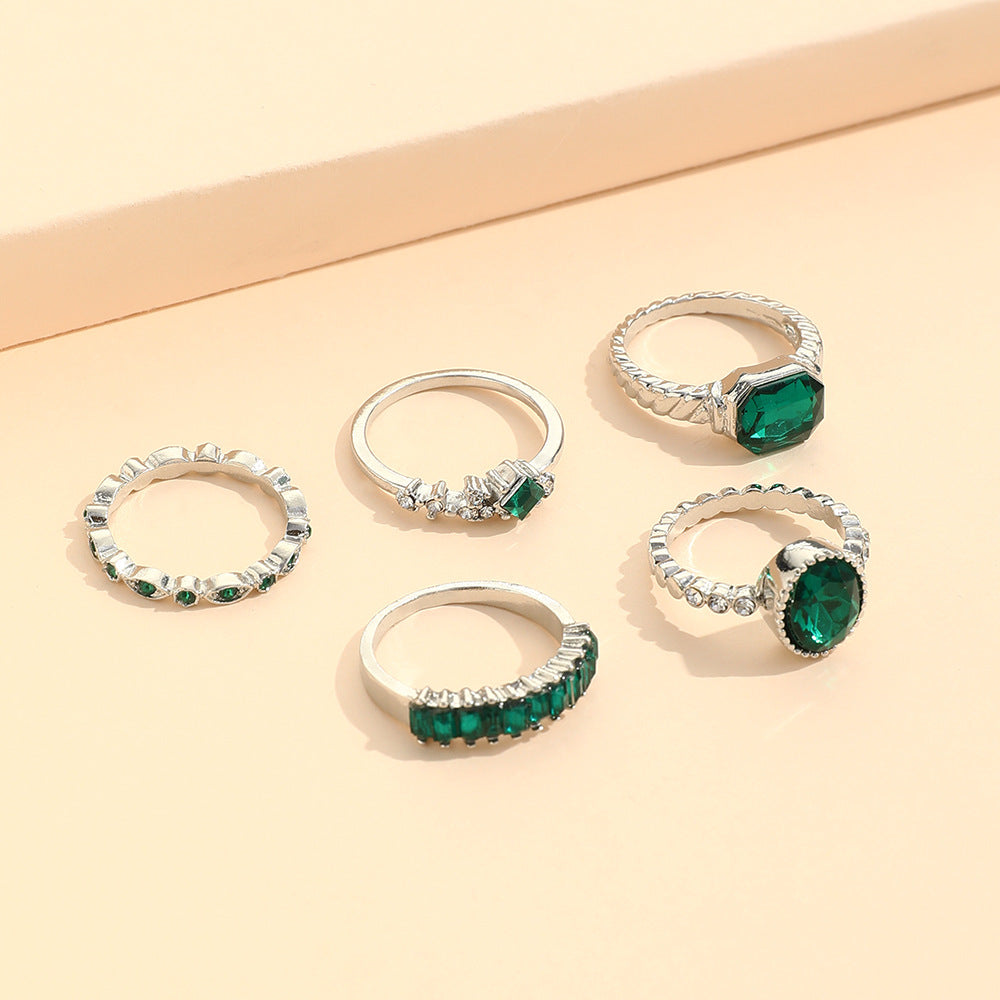 Imitation Emerald Diamond Ring Set 5 Pcs