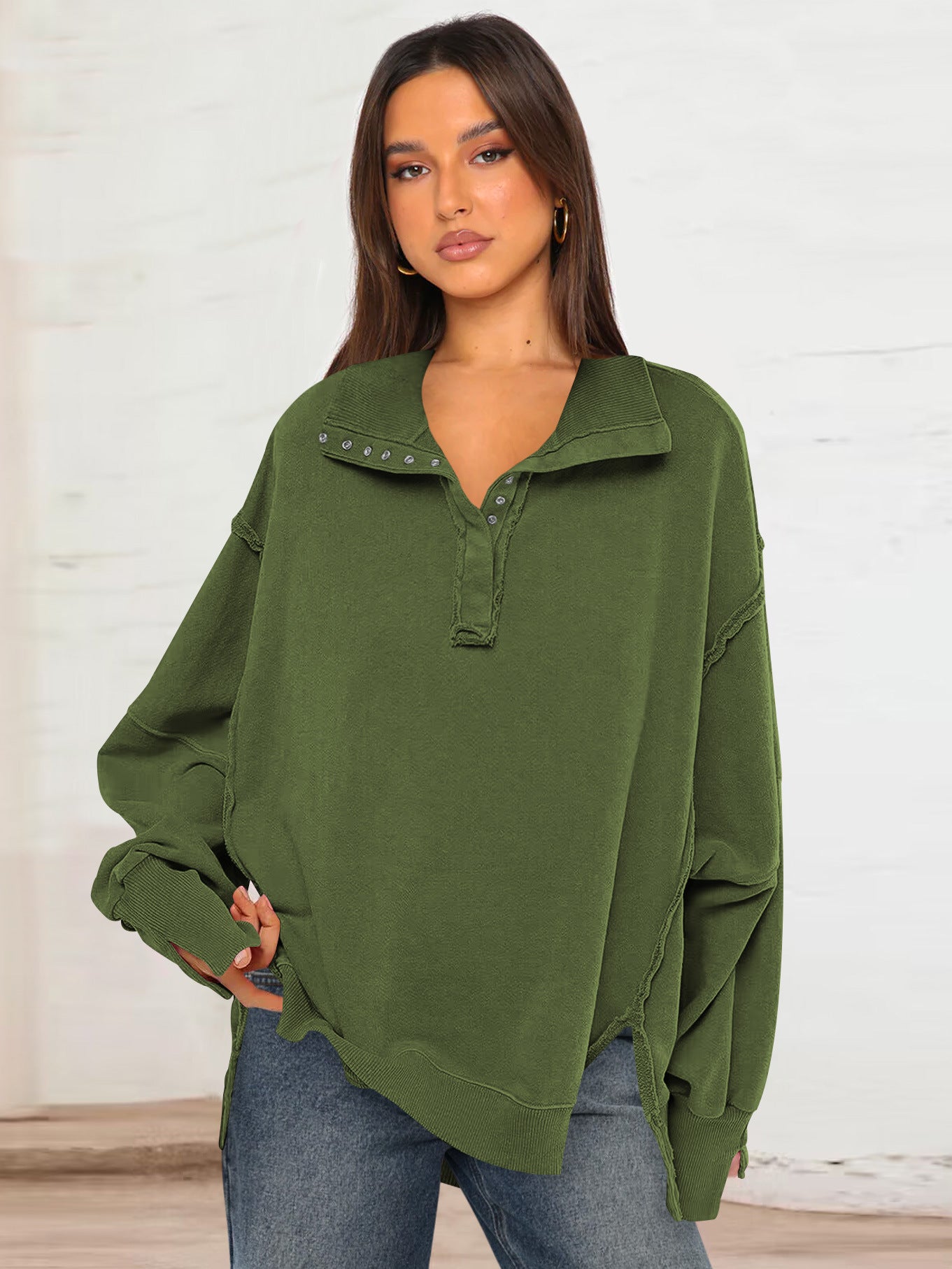 Loose Lantern Sleeve Lapel Slit Hoodie