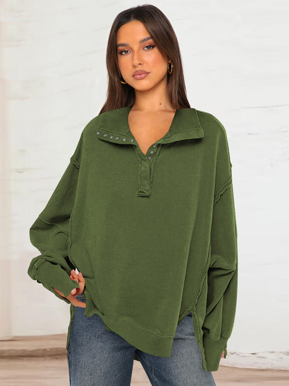 Loose Lantern Sleeve Lapel Slit Hoodie