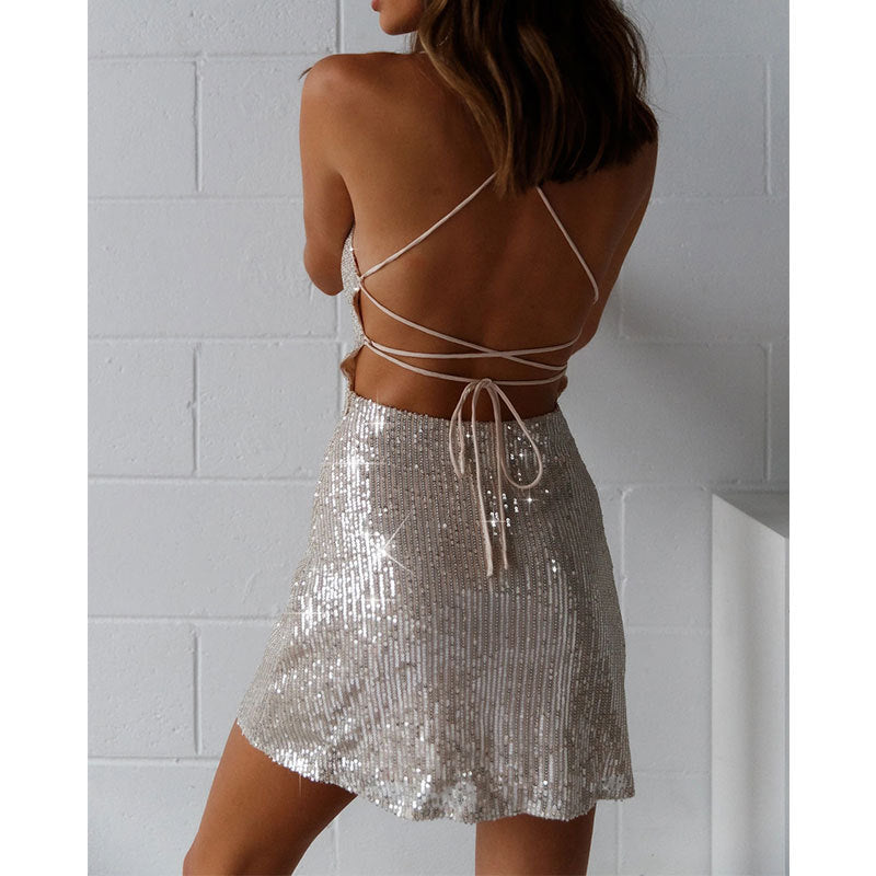 Backless Lace-Up Sequin Party Mini Dress