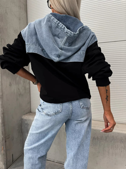 Loose Casual Wash Denim Patchwork Hoodie