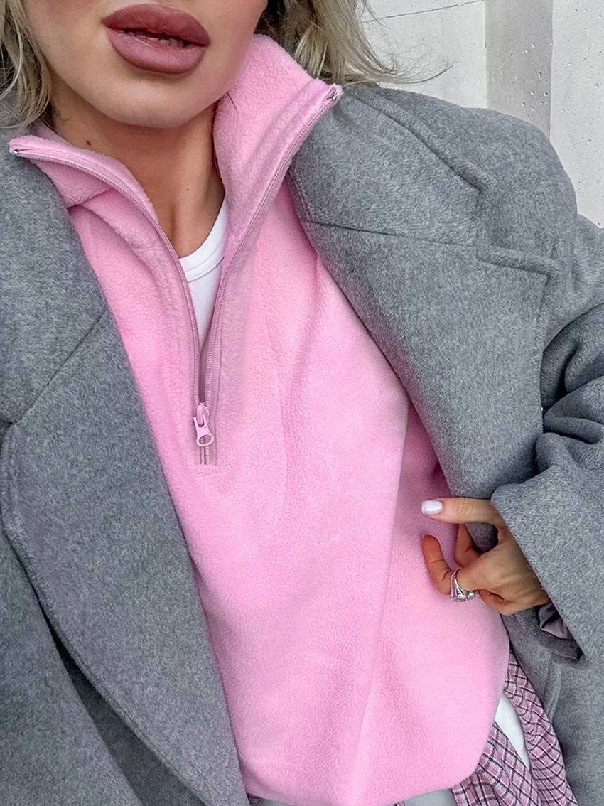 Pink Mood Pullover Zip-Up Lapel Elasticated Tunic Hoodie