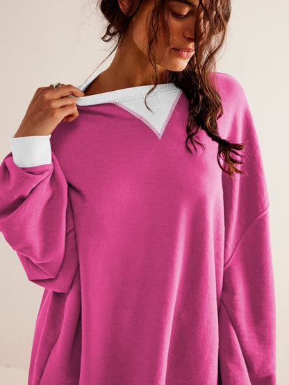 Color Contrast Crew-Neck Dropped Shoulder Long-Sleeved Sweatshirt