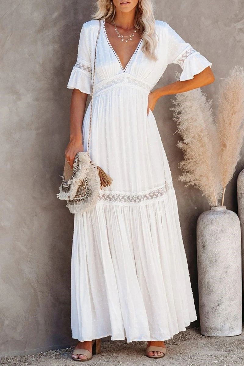 V Neck Ruffle Hem Lace Maxi Dress