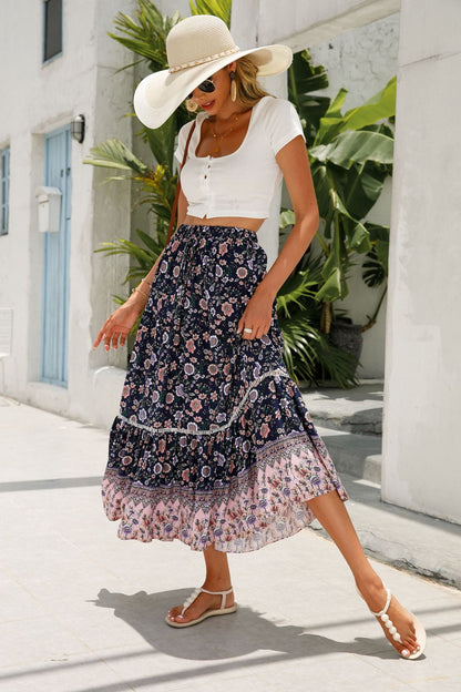 Romantic Boho Floral Print High Waist Skirt