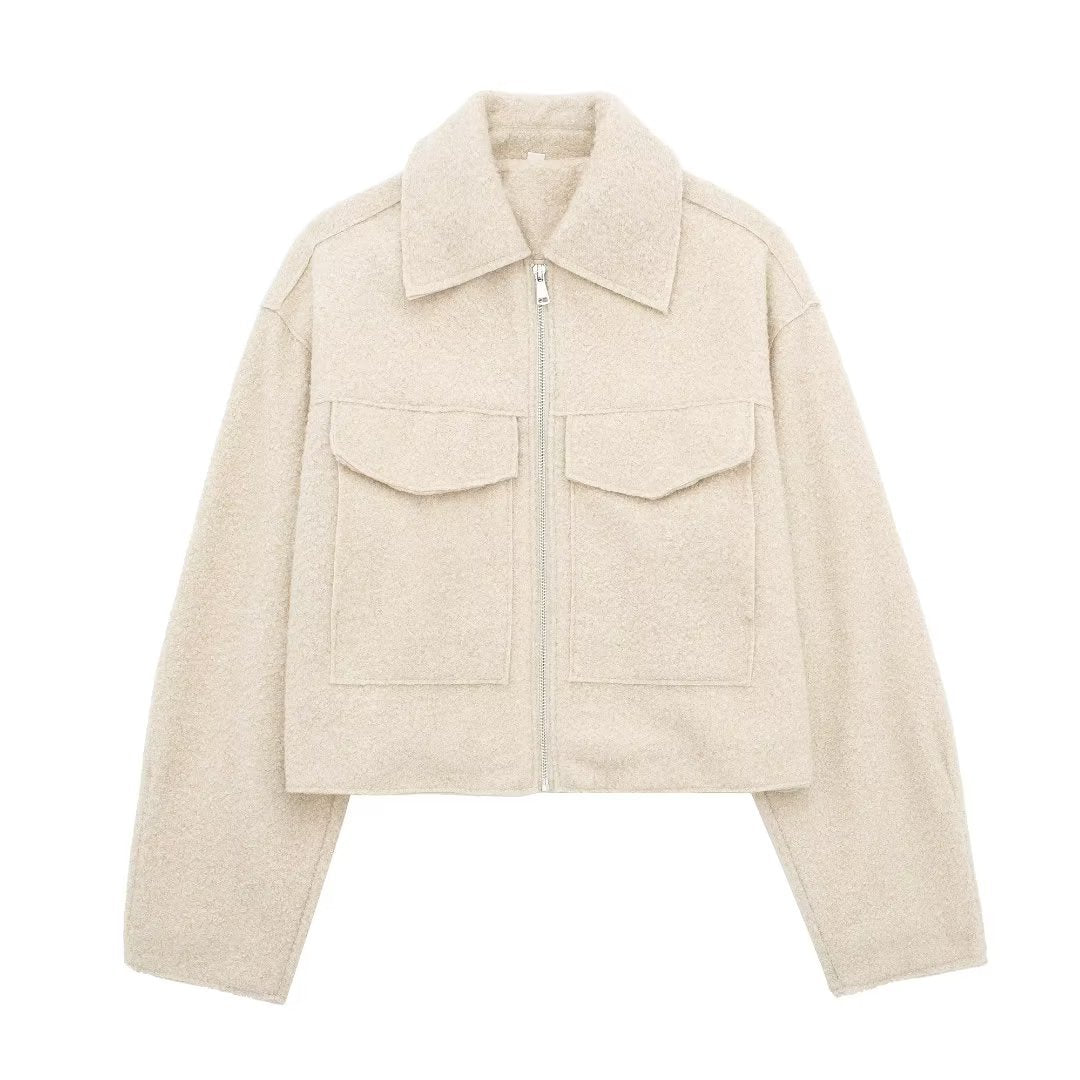 Cropped Wool Blend Front Pockets Jacket