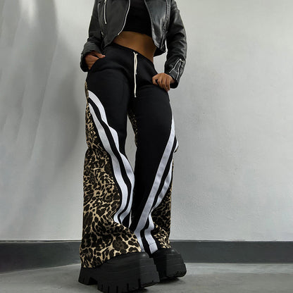 Street Style Leopard-Print Striped Patchwork High-Waisted Pant