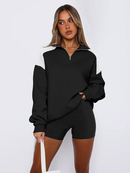 Zip Lapel Colliding Color Block Sweatshirt