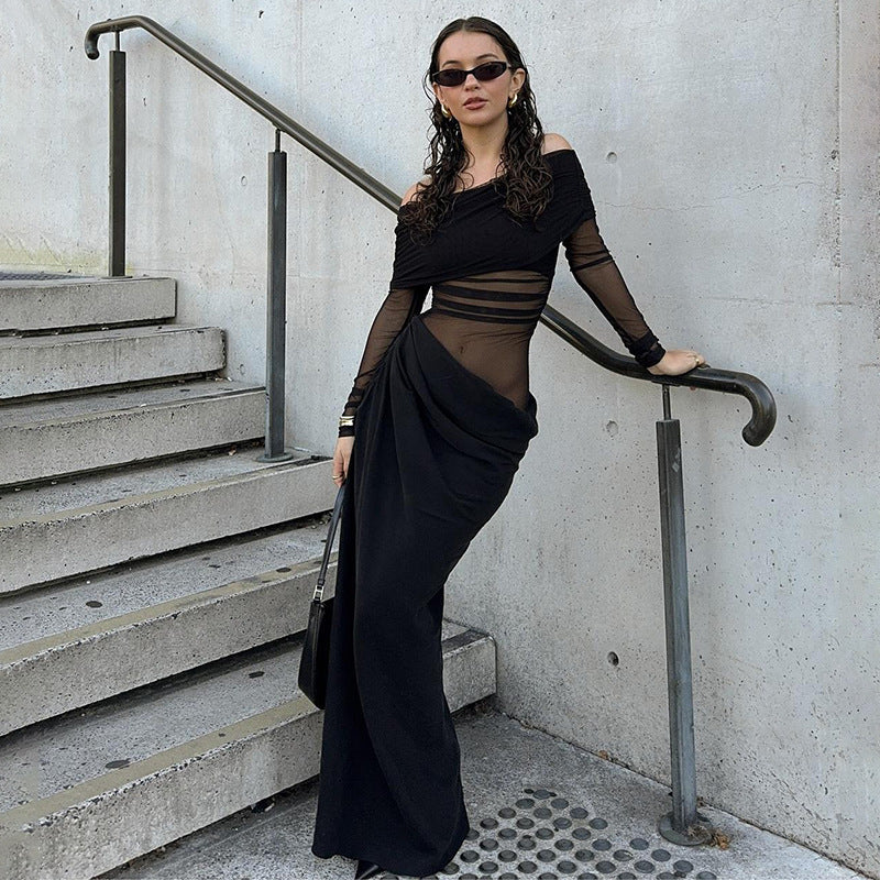 Off-Shoulder Long Sleeve Cut Out Maxi Dress