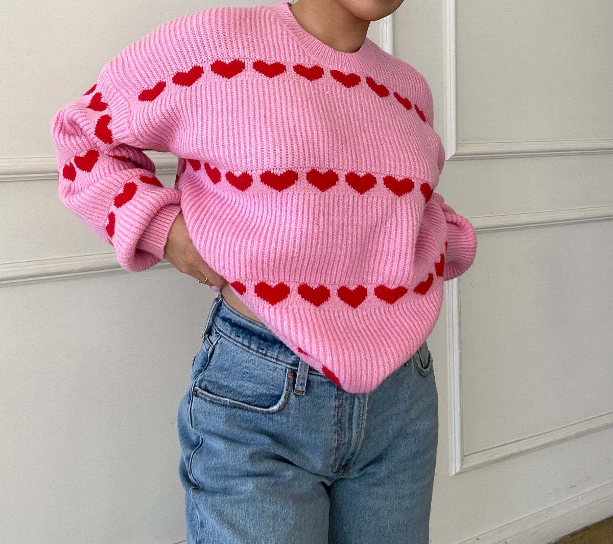 Lovey Red Heart Stripe Knitted Sweater