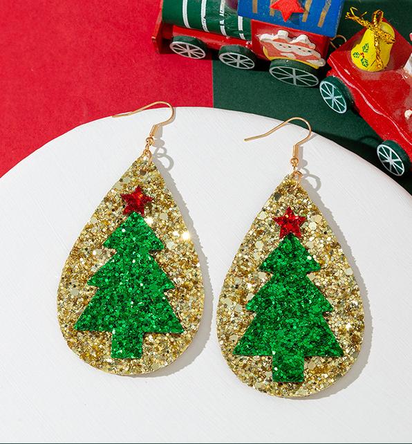 Christmas Tree And Elk Sequin Glitter Leather Stud Earrings