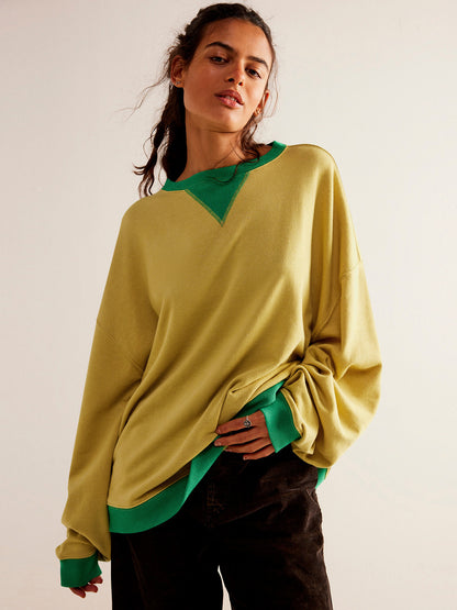 Color Contrast Crew-Neck Dropped Shoulder Long-Sleeved Sweatshirt