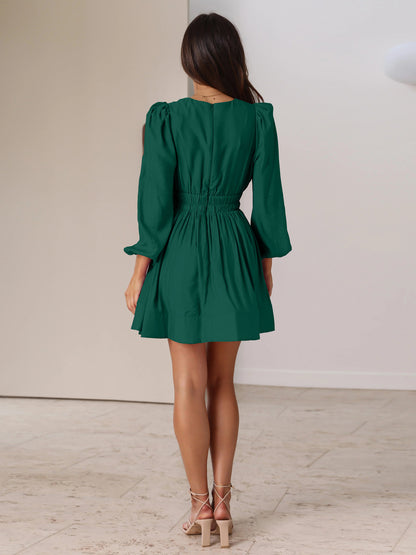 V-neck Long-Sleeved French Pleated Mini Dress