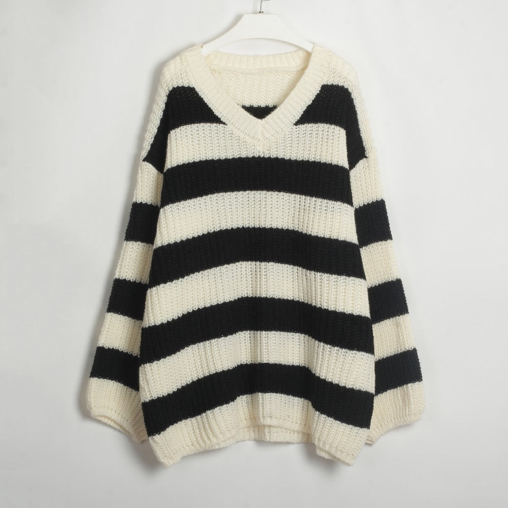 Loose V-neck Striped Knit Sweater