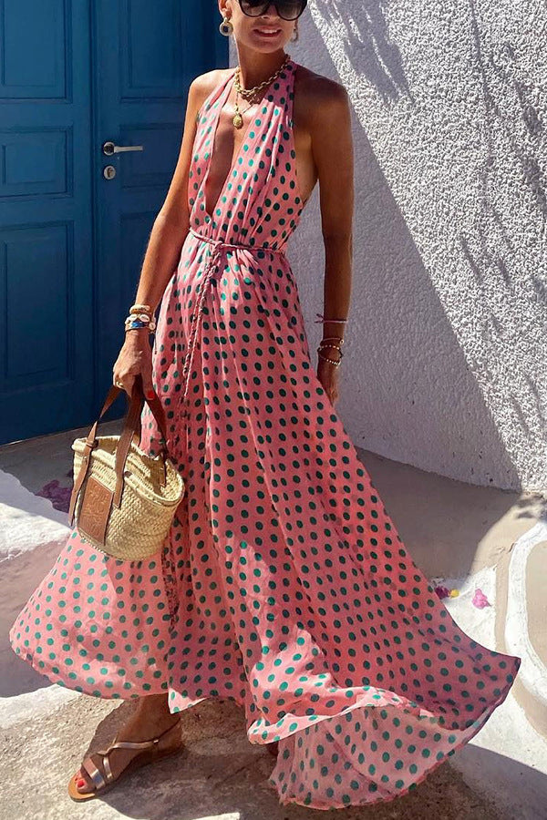 Polka Dots Print Back Lace-Up Swing Maxi Dress