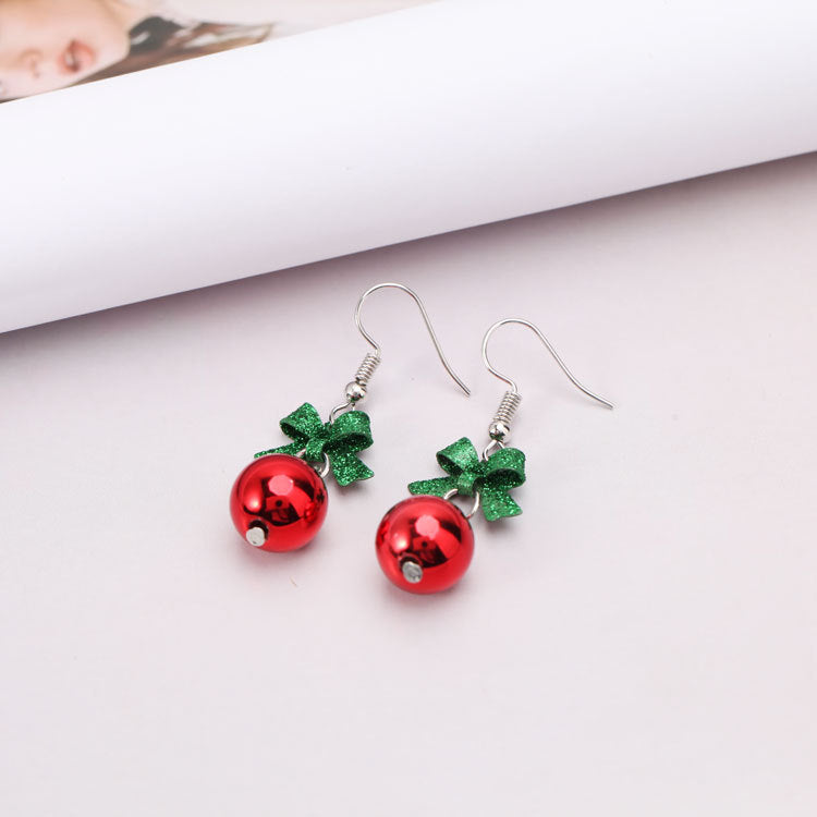 Shiny Bow And Red Ball Earrings