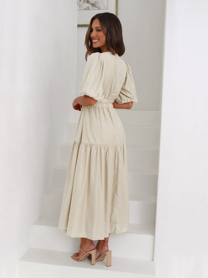 V-neck Puffy Sleeve Pleated Stretch Maxi Dress