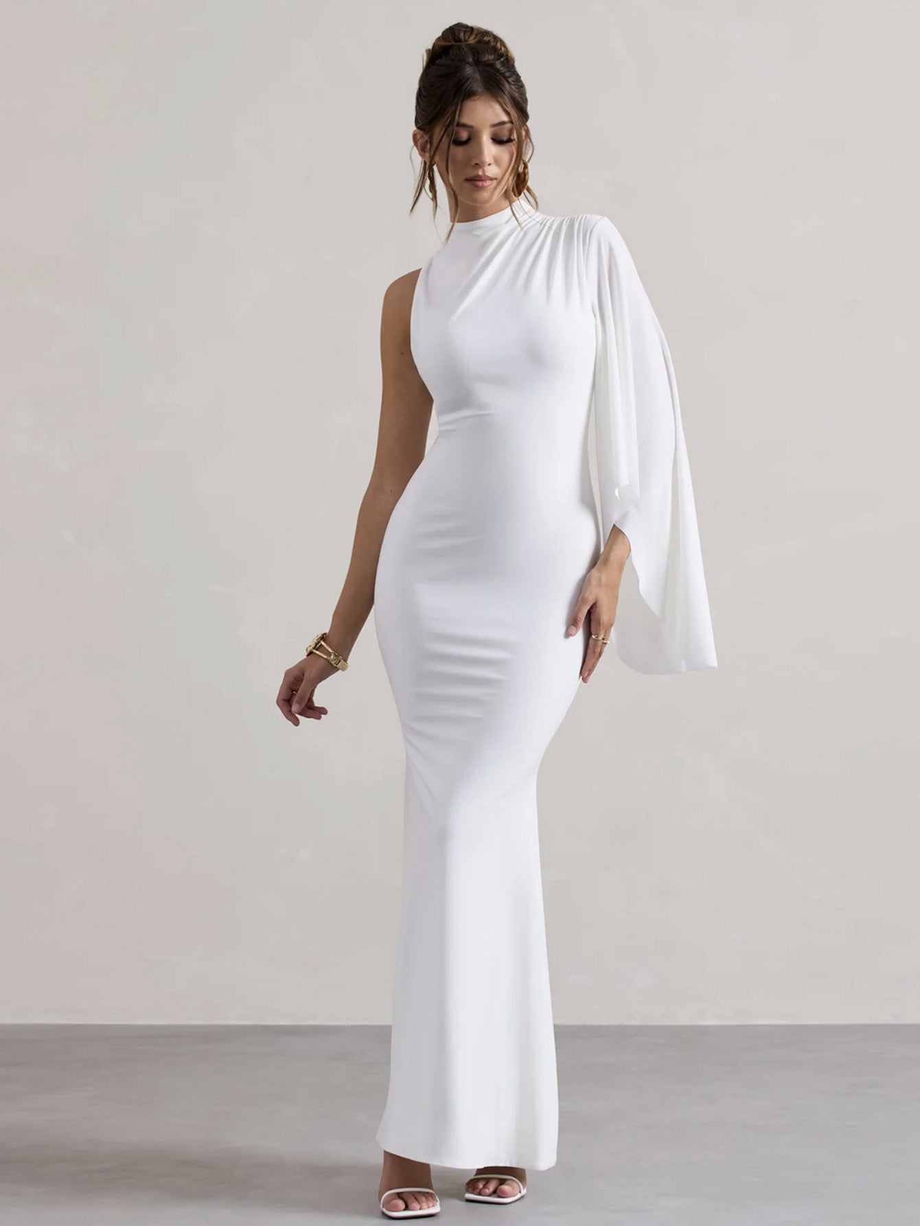 Half High Neck One Shoulder Long Sleeve Slim Fit Maxi Dress