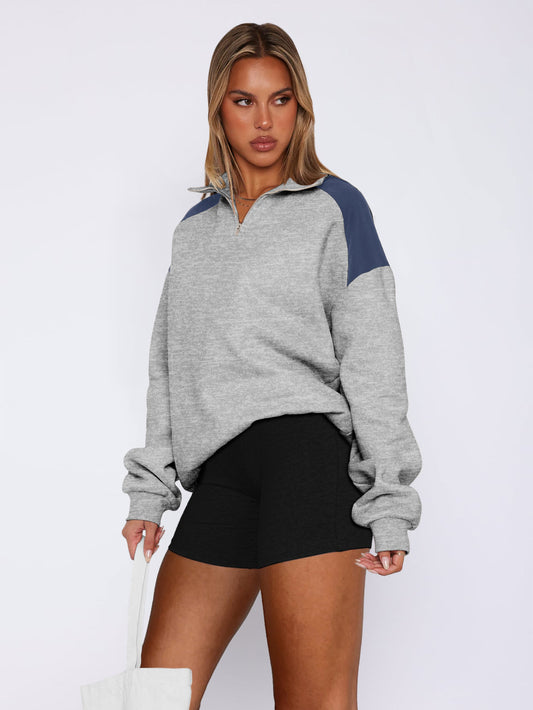 Zip Lapel Colliding Color Block Sweatshirt