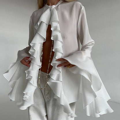 Crew Neck Bell Sleeve Sheer Chiffon Waterfall Ruffle Blouse