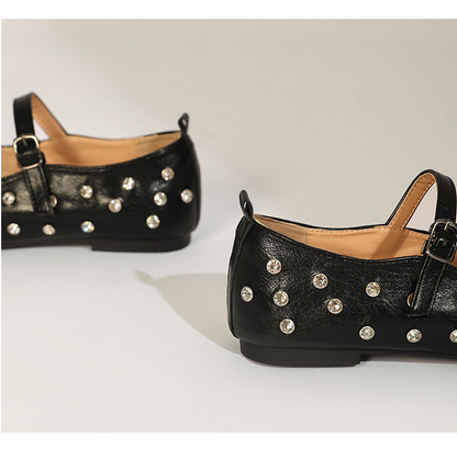 Studded Rhinestones Mary Jane One-Line Buckle Ballet Flats