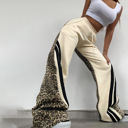 Street Style Leopard-Print Striped Patchwork High-Waisted Pant