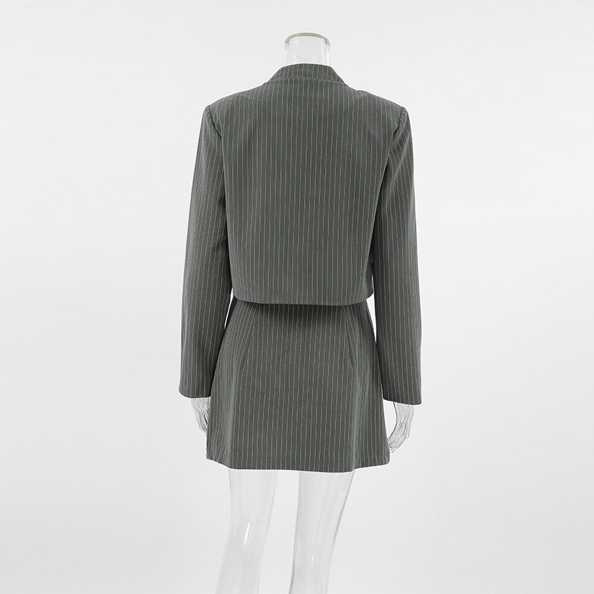 Vertical Striped Suit Jacket And Pleated Skirt Suit