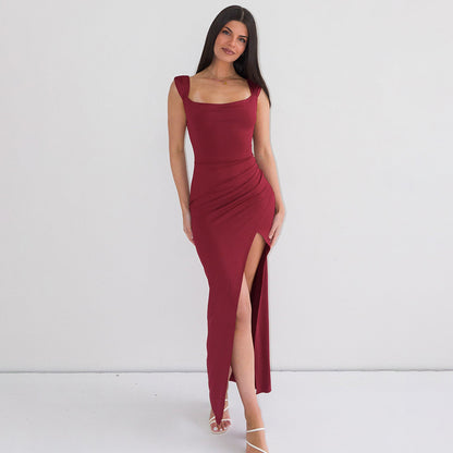 Pleated Backless Slit Maxi Dress