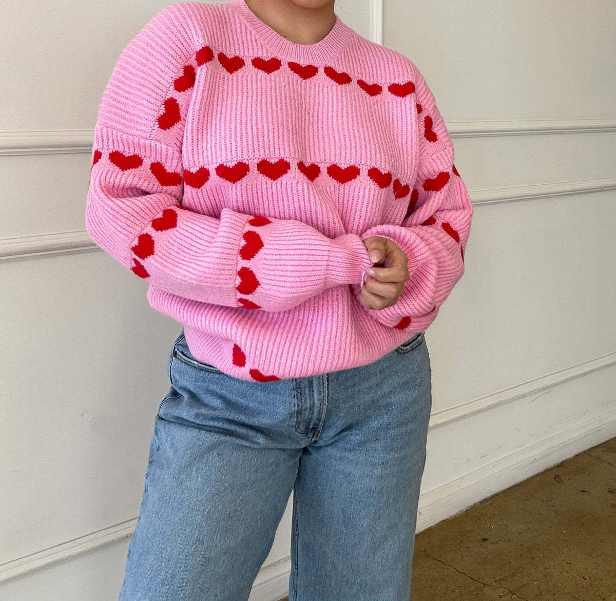 Lovey Red Heart Stripe Knitted Sweater