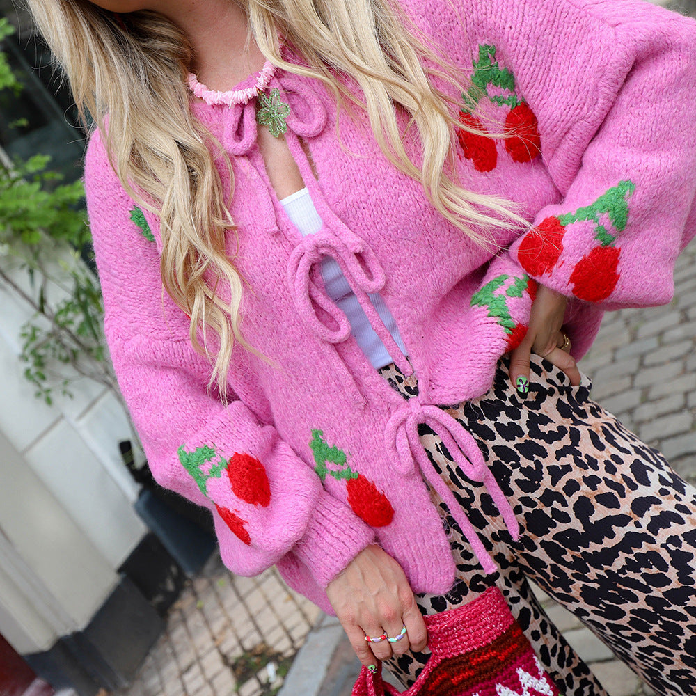 Cherry Knit Lace-Up Cardigan