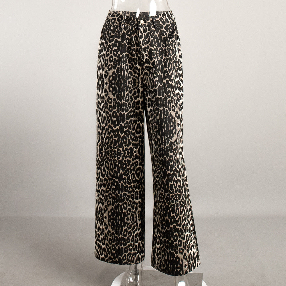 Leopard Print Wide-Leg Floor-Length Pants