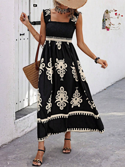 Sleeveless Strap Print Midi Dress