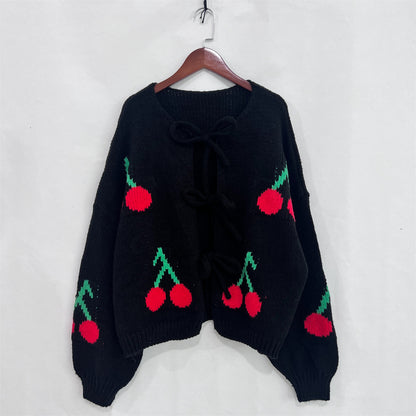 Cherry Knit Lace-Up Cardigan