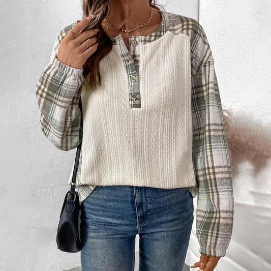 Plaid Charm Button-Up Knit Top