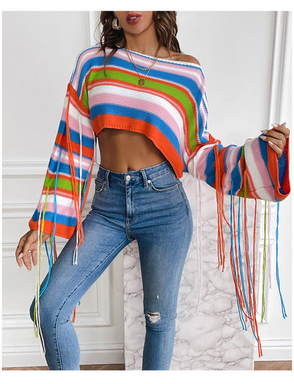 Boho Knit Rainbow Striped Fringe Crop Sweater