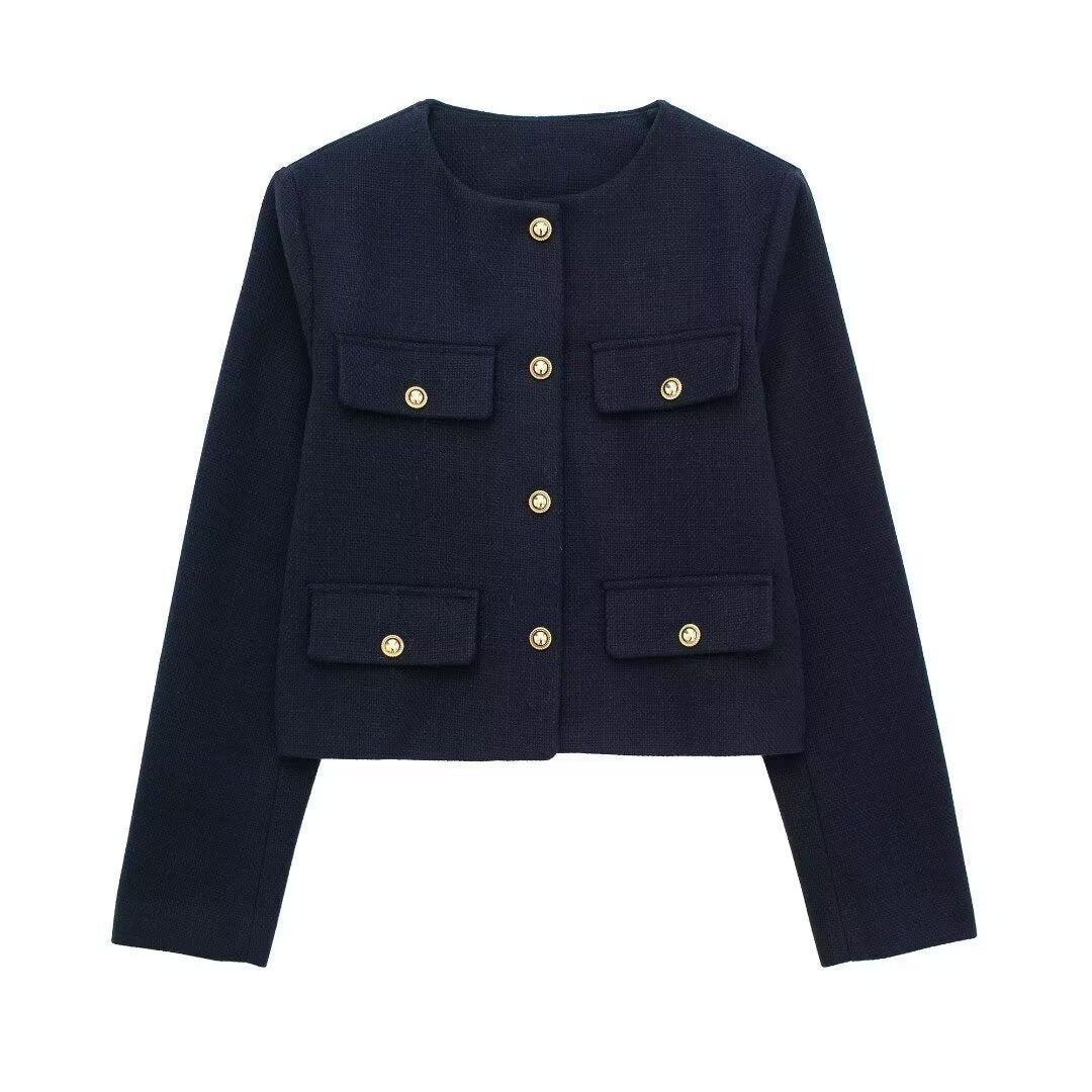 Shoulder Pads And Crew-Neck Button Jacket