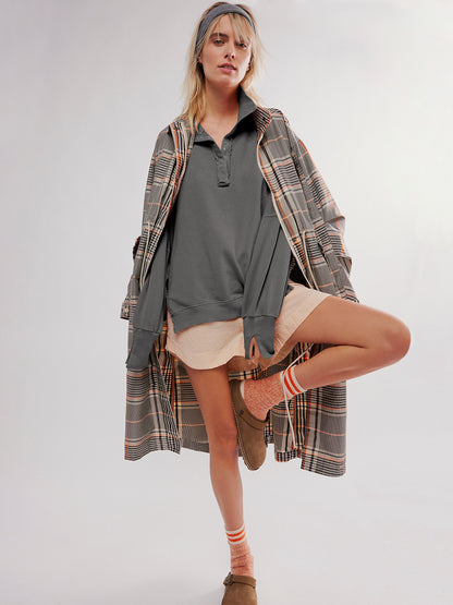 Loose Lantern Sleeve Lapel Slit Hoodie