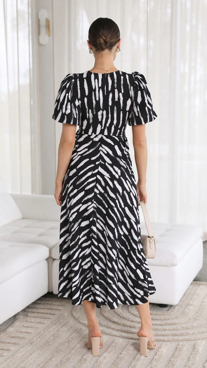 Printed V-Neck A-Line Midi Dress